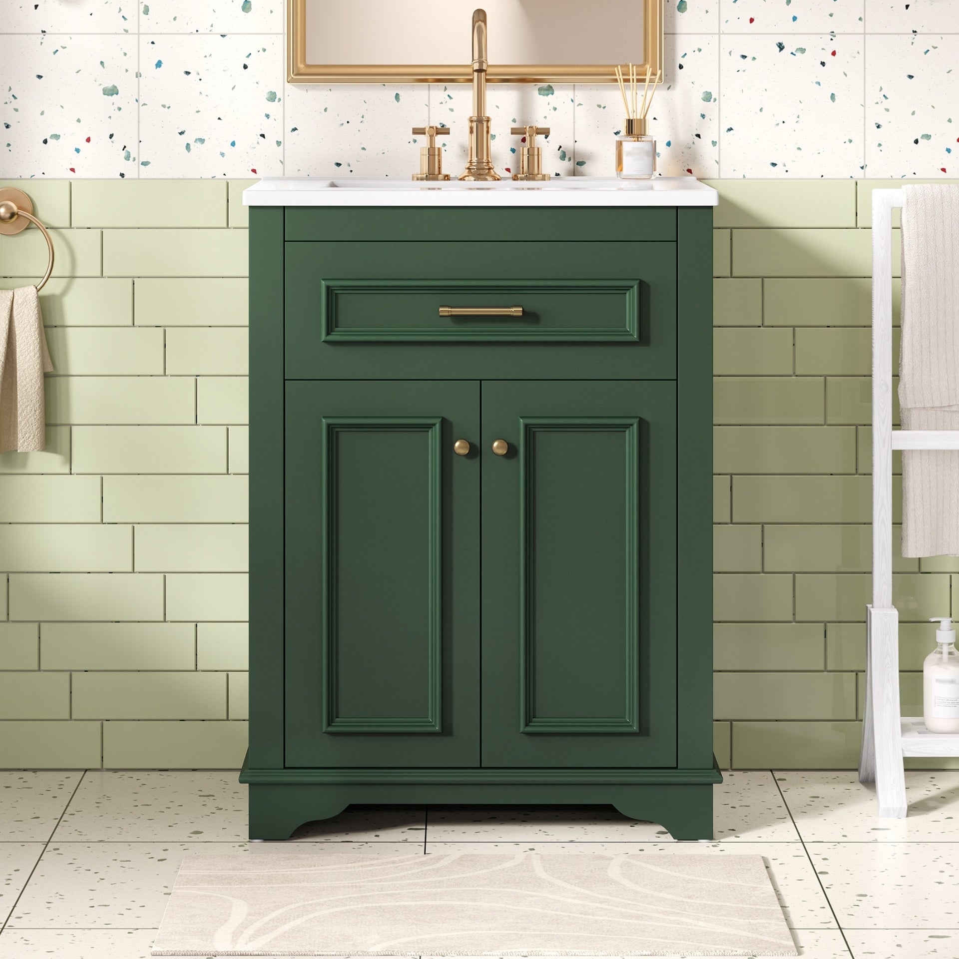 24" Bathroom Vanity with Integrated Ceramic Sink, Bathroom Cabinet with 2 Doors, 1 Tip-Out Drawer, Single Sink Bathroom Vanity for Small and Medium Restroom, Green