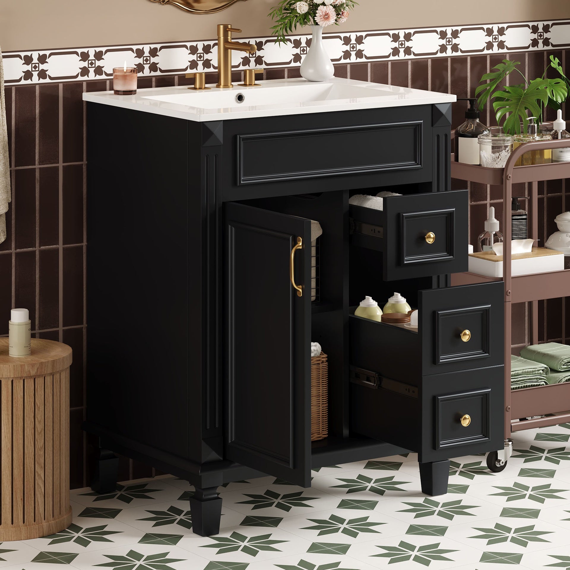 24" Bathroom Vanity with Ceramic Sink, Small Bathroom Sink Cabinet, Modern Cabinet with 2 Drawers and Adjustable Shelf