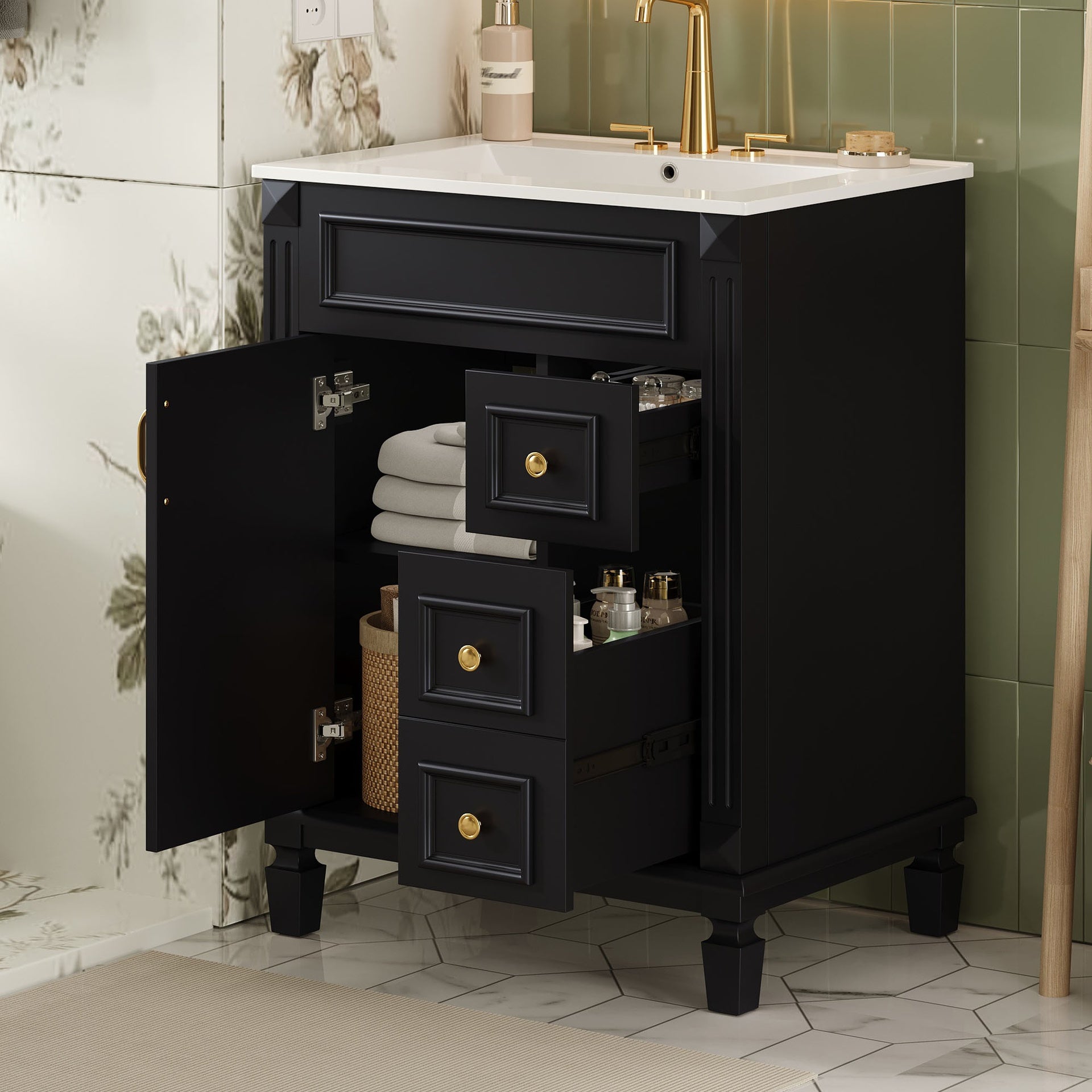 24" Bathroom Vanity with Ceramic Sink, Small Bathroom Sink Cabinet, Modern Cabinet with 2 Drawers and Adjustable Shelf