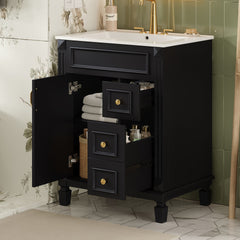 24" Bathroom Vanity with Ceramic Sink, Small Bathroom Sink Cabinet, Modern Cabinet with 2 Drawers and Adjustable Shelf