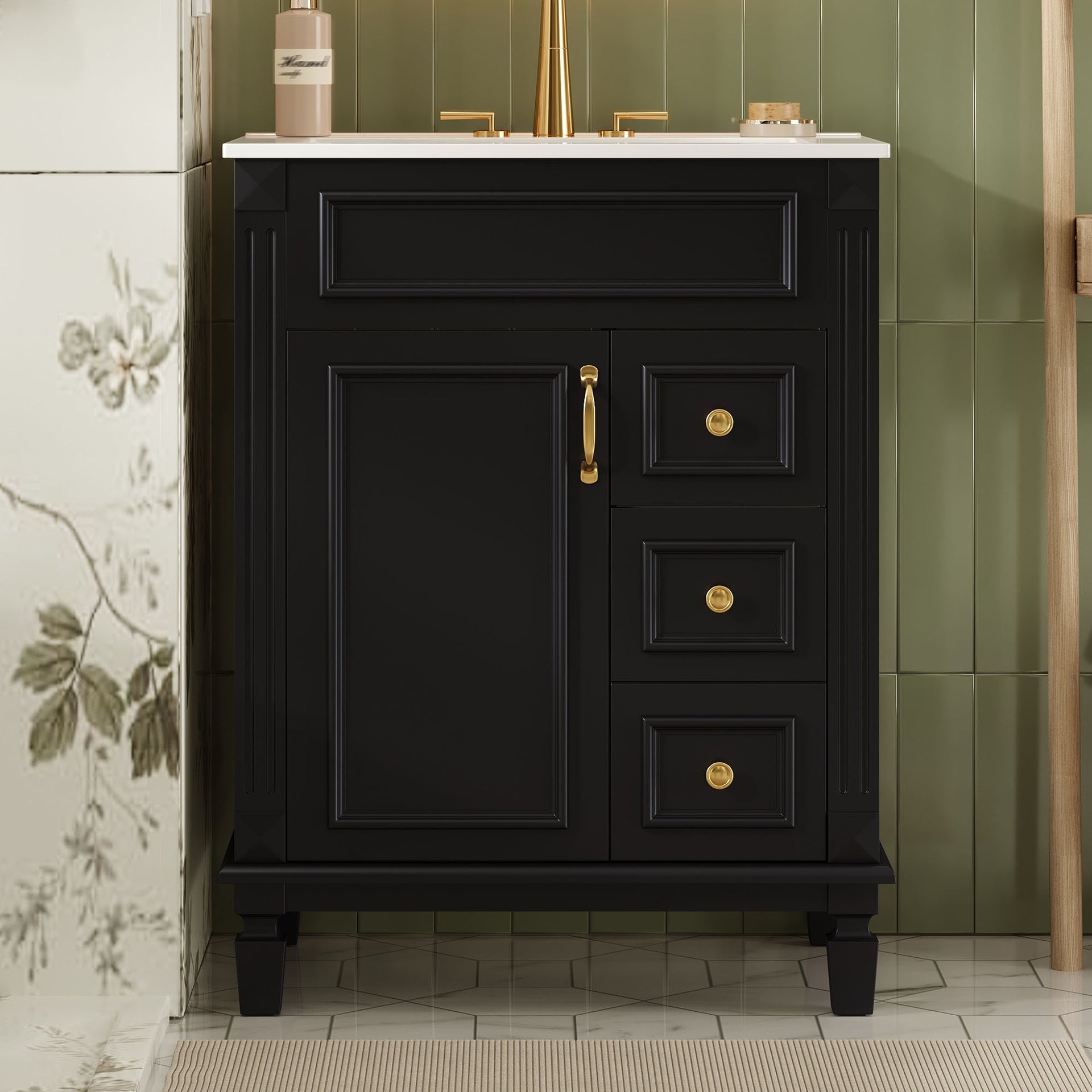 24" Bathroom Vanity with Ceramic Sink, Small Bathroom Sink Cabinet, Modern Cabinet with 2 Drawers and Adjustable Shelf