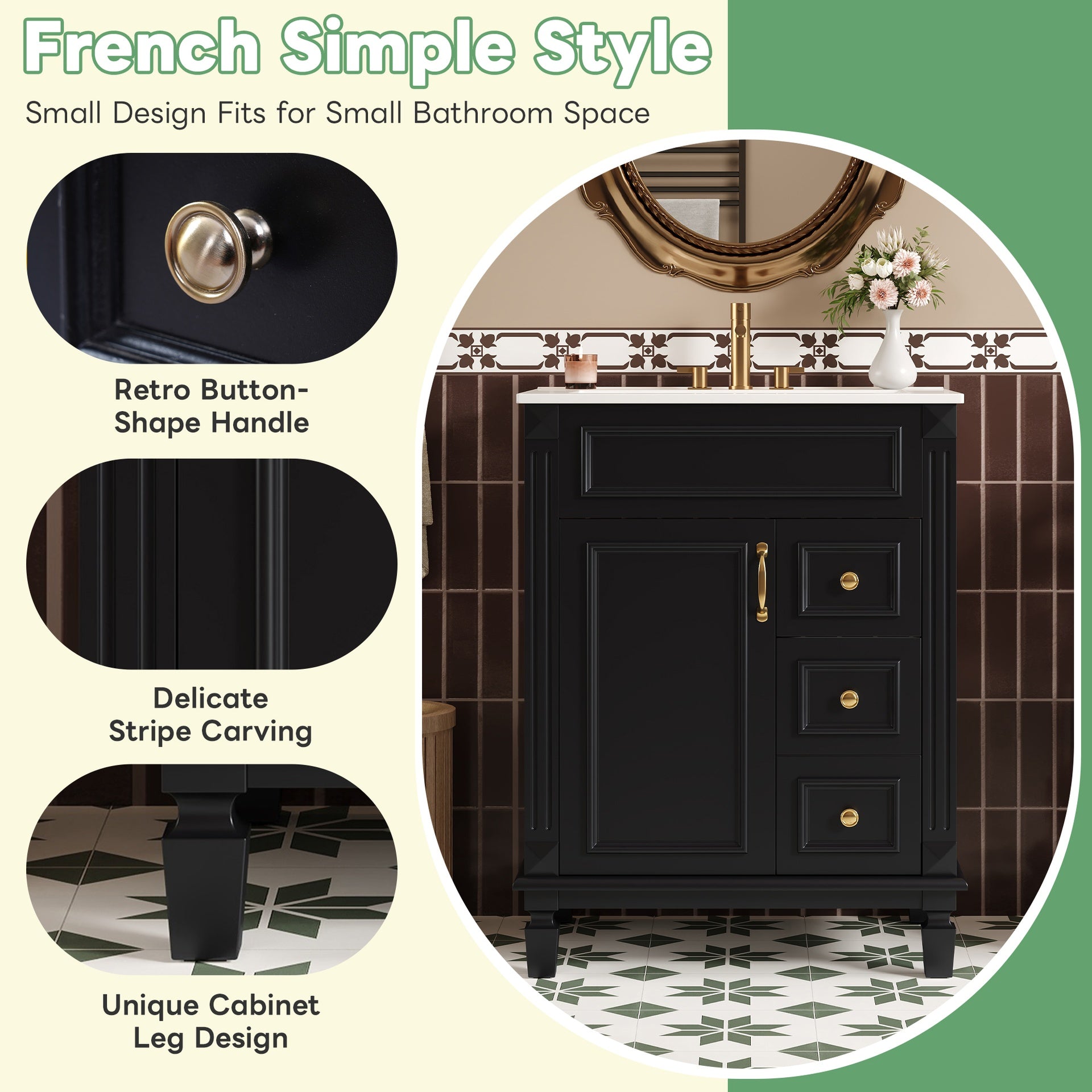 24" Bathroom Vanity with Ceramic Sink, Small Bathroom Sink Cabinet, Modern Cabinet with 2 Drawers and Adjustable Shelf