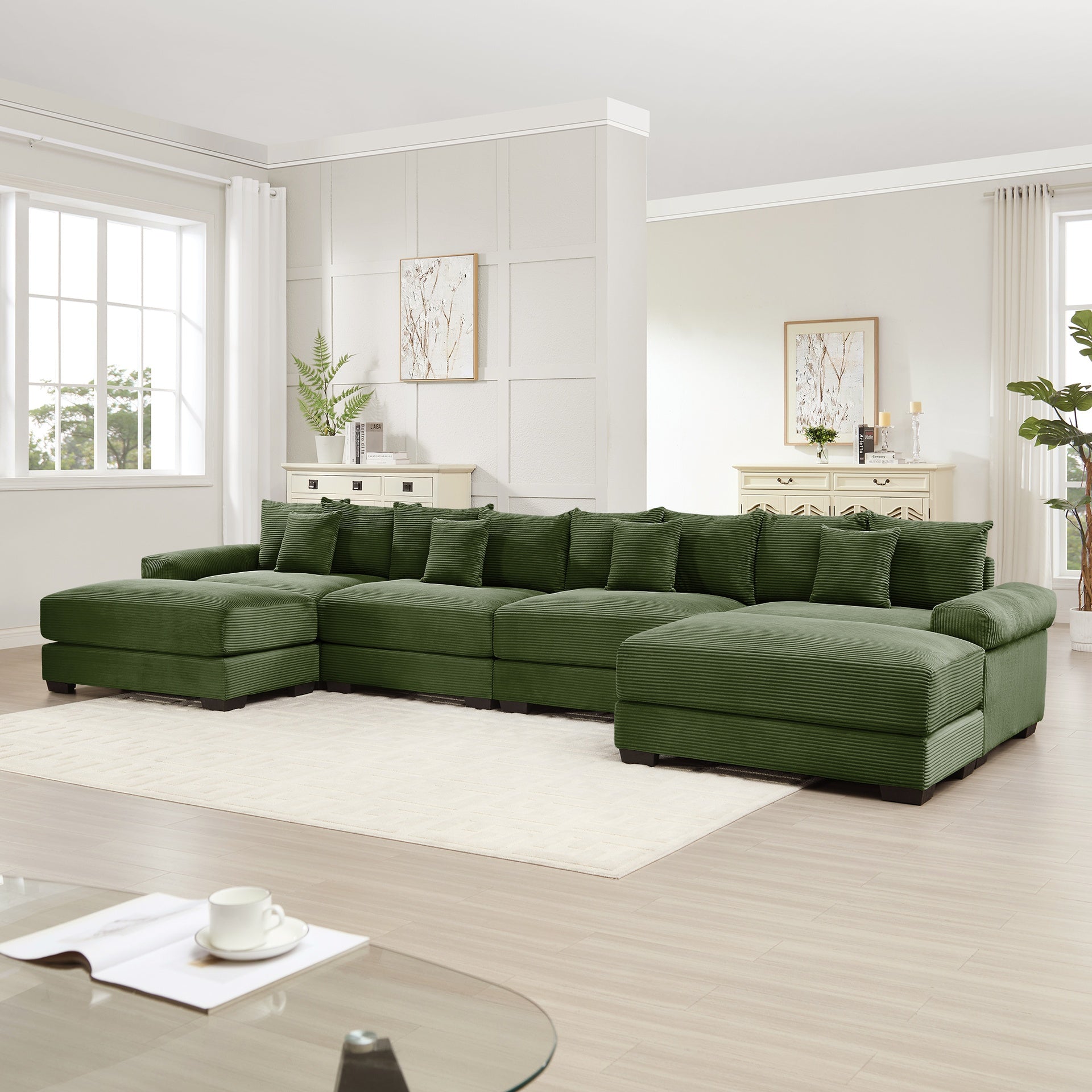 170"Oversized Cloud Modular U-Shape Sectional Couch,Premium Corduroy Fabric With An Ottoman,Deep Seat Wide Armrests,8 Throw Pillows Good Resilience Cushion,Easy Assembly,For Living Rooms Studies,Green