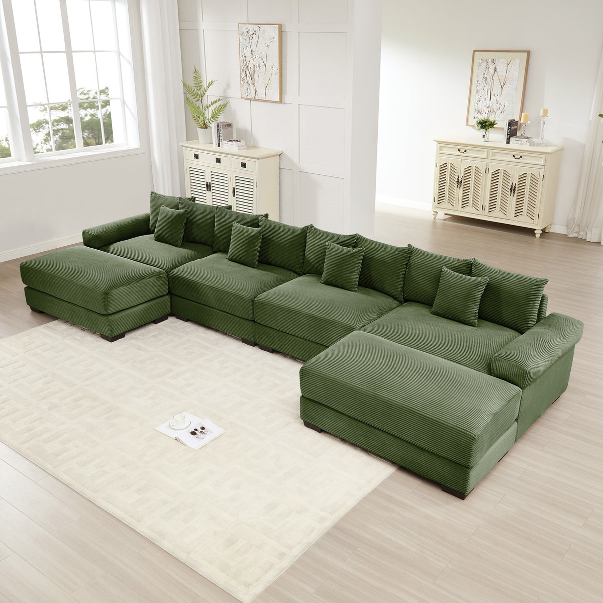 170"Oversized Cloud Modular U-Shape Sectional Couch,Premium Corduroy Fabric With An Ottoman,Deep Seat Wide Armrests,8 Throw Pillows Good Resilience Cushion,Easy Assembly,For Living Rooms Studies,Green