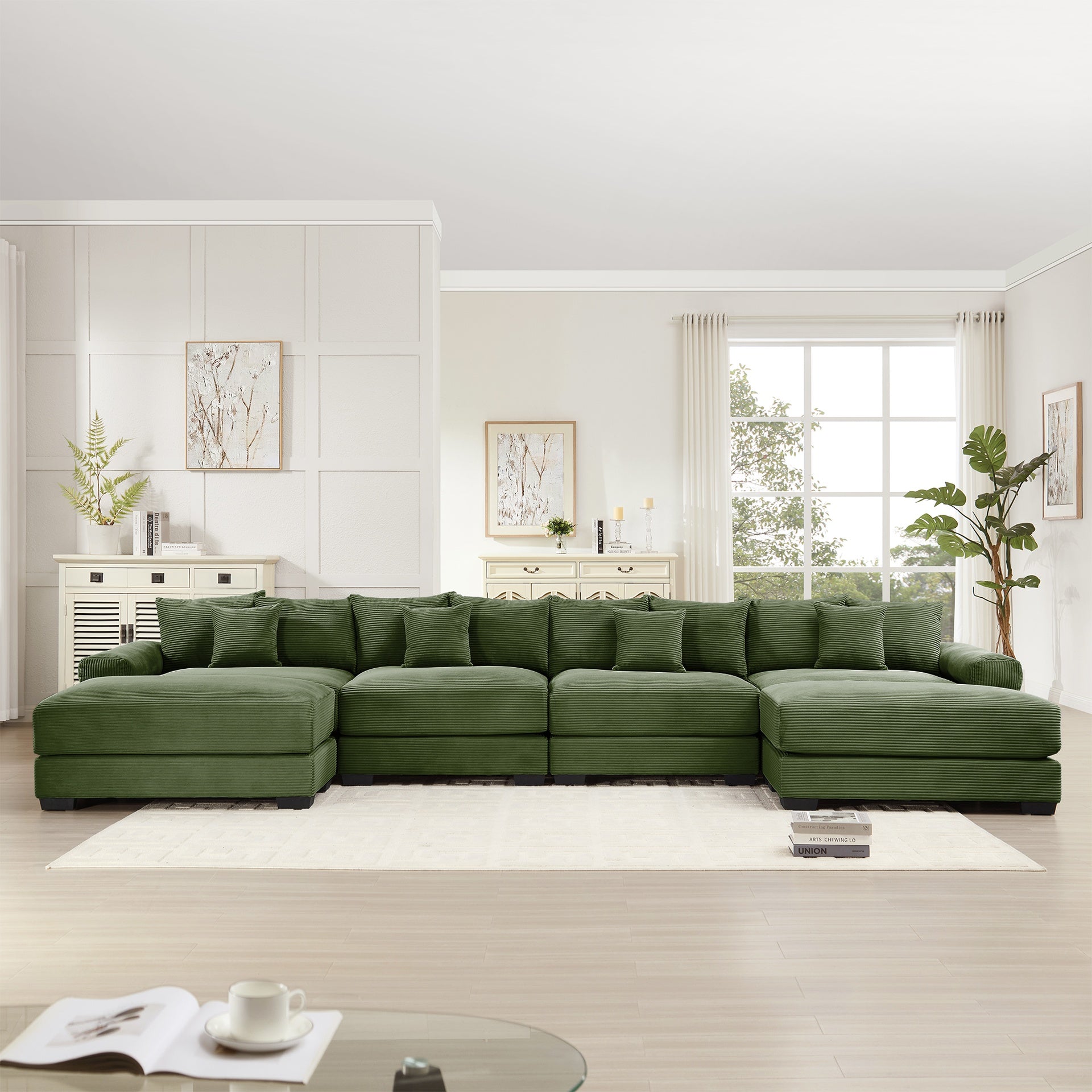 170"Oversized Cloud Modular U-Shape Sectional Couch,Premium Corduroy Fabric With An Ottoman,Deep Seat Wide Armrests,8 Throw Pillows Good Resilience Cushion,Easy Assembly,For Living Rooms Studies,Green