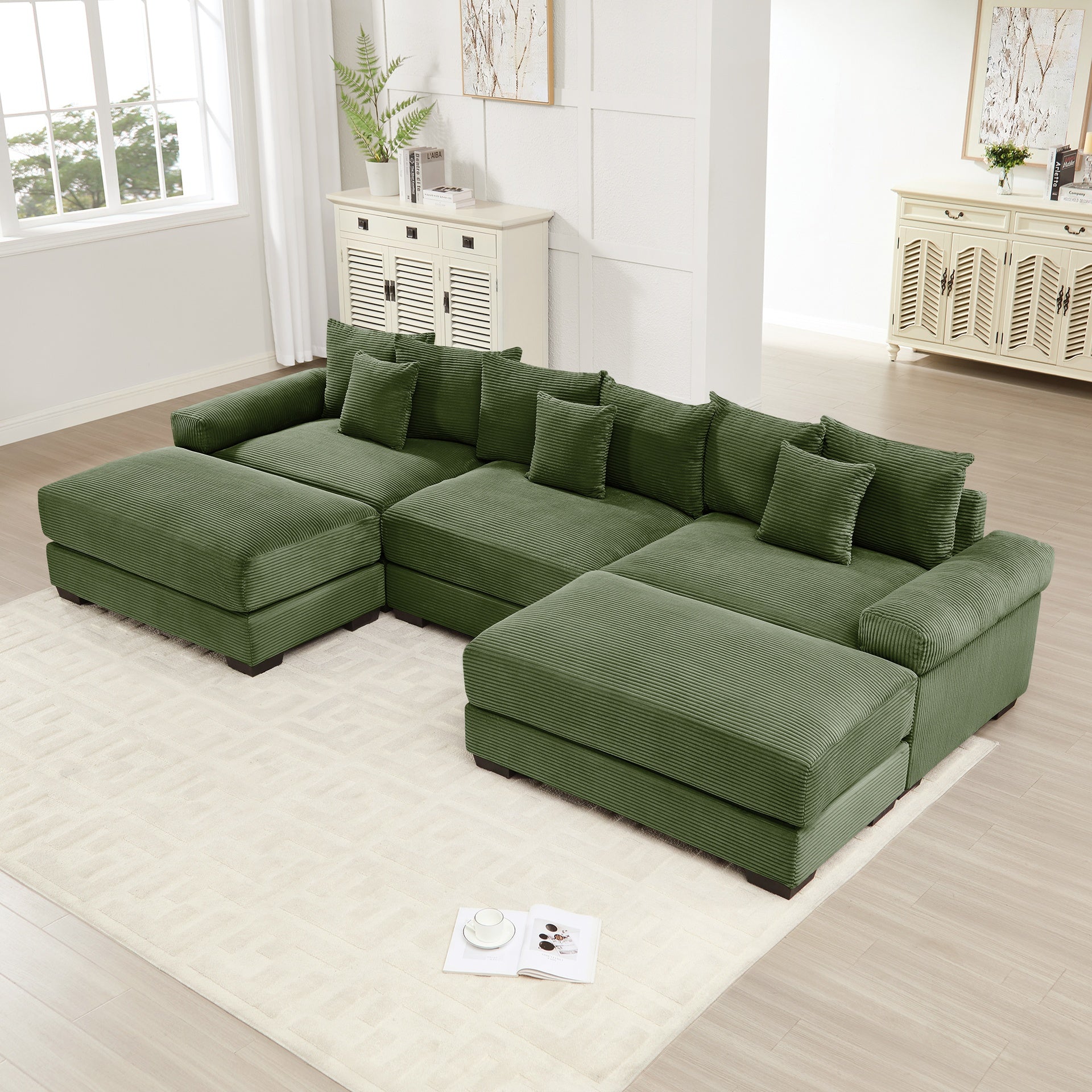 130" Oversized Cloud Modular Sectional Couch,Premium Corduroy Fabric, 3-Seater Deep Seat Wide Armrests, With An Ottoman,Ergonomic Design, Easy Assembly For Lounges Living Room,Green