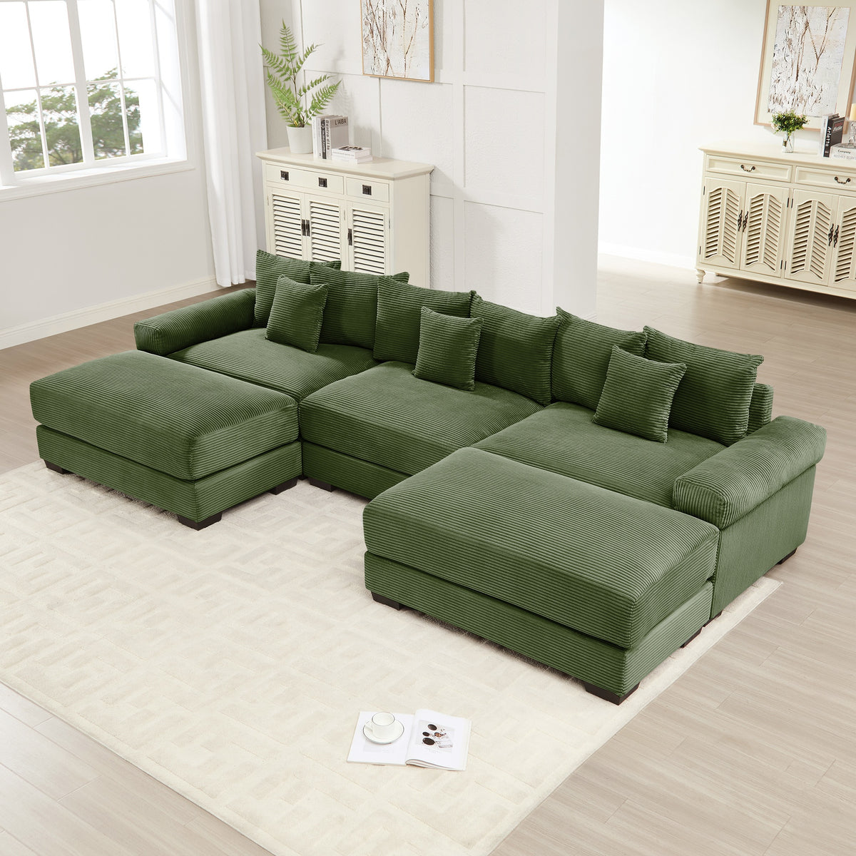 130" Oversized Cloud Modular Sectional Couch,Premium Corduroy Fabric, 3-Seater Deep Seat Wide Armrests, With An Ottoman,Ergonomic Design, Easy Assembly For Lounges Living Room,Green