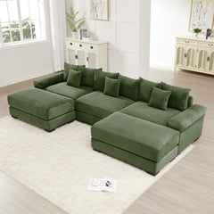 130" Oversized Cloud Modular Sectional Couch,Premium Corduroy Fabric, 3-Seater Deep Seat Wide Armrests, With An Ottoman,Ergonomic Design, Easy Assembly For Lounges Living Room,Green
