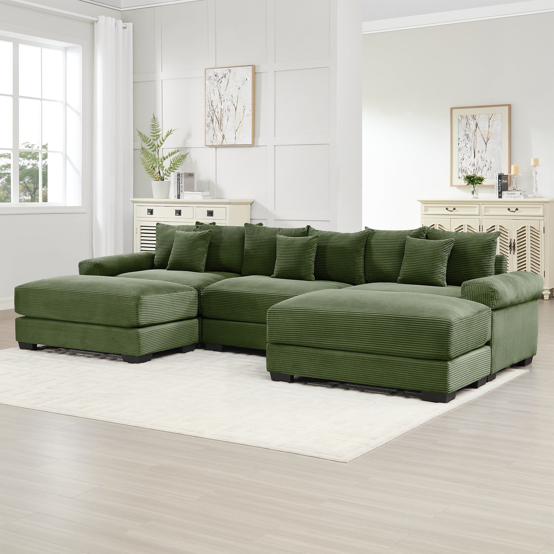 130" Oversized Cloud Modular Sectional Couch,Premium Corduroy Fabric, 3-Seater Deep Seat Wide Armrests, With An Ottoman,Ergonomic Design, Easy Assembly For Lounges Living Room,Green