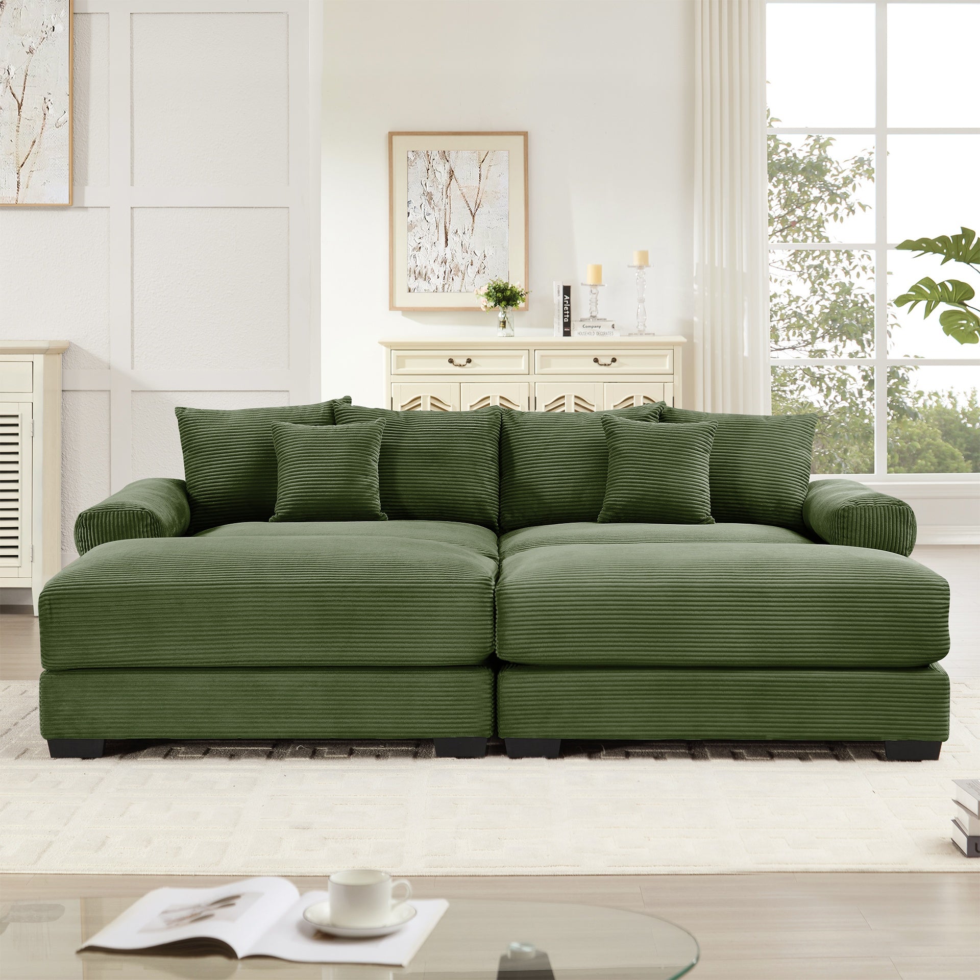 92"  Oversized Cloud Modular Sectional Couch, Soft Corduroy Fabric With Chaise 6 Throw Pillows, Deep Seat Wide Armrests, Ergonomic Design Easy Assembly, Soft Corduroy,For Living Rooms Lounges, Green
