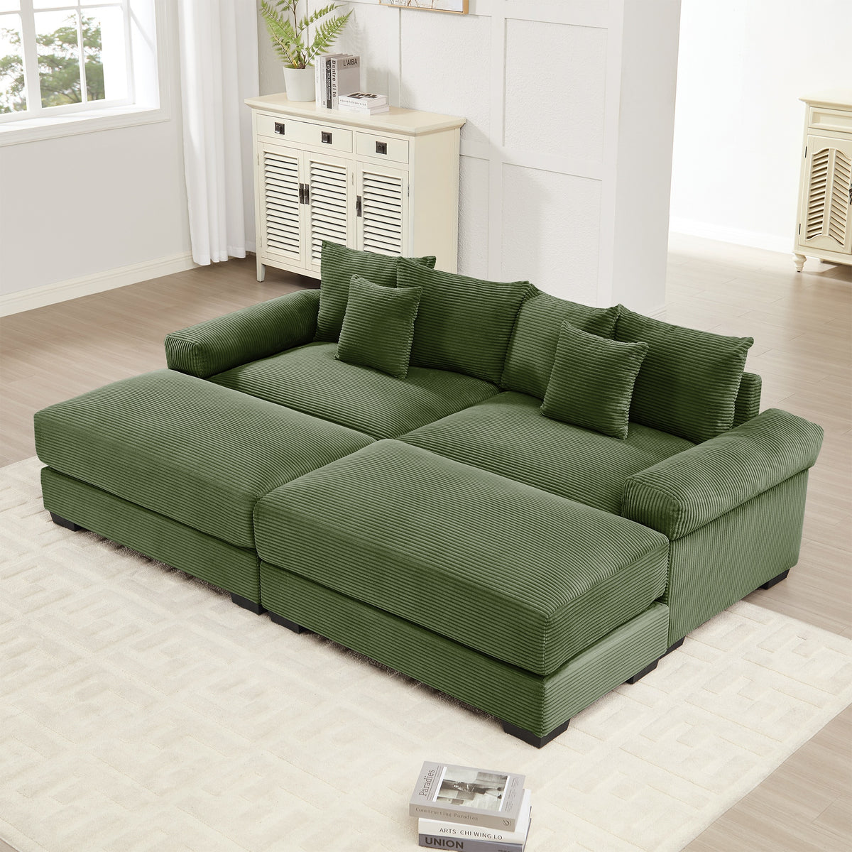92"  Oversized Cloud Modular Sectional Couch, Soft Corduroy Fabric With Chaise 6 Throw Pillows, Deep Seat Wide Armrests, Ergonomic Design Easy Assembly, Soft Corduroy,For Living Rooms Lounges, Green