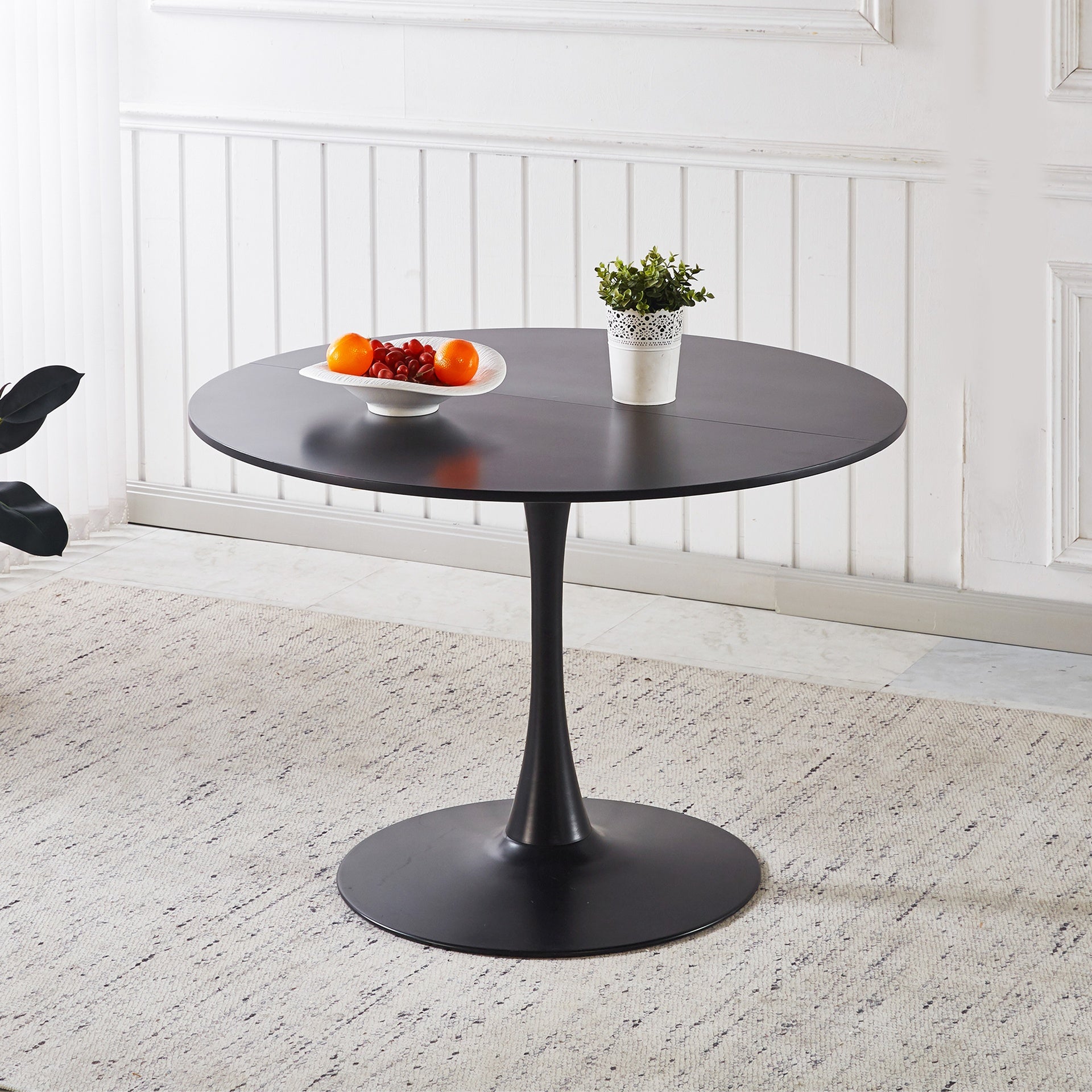 42.1" Black Color Top Tulip Table, Mid-century Dining Table for 4-6 People - Round MDF Table Top (the tabletop consists of two panels), Pedestal Dining Table, End Table & Leisure Coffee Table