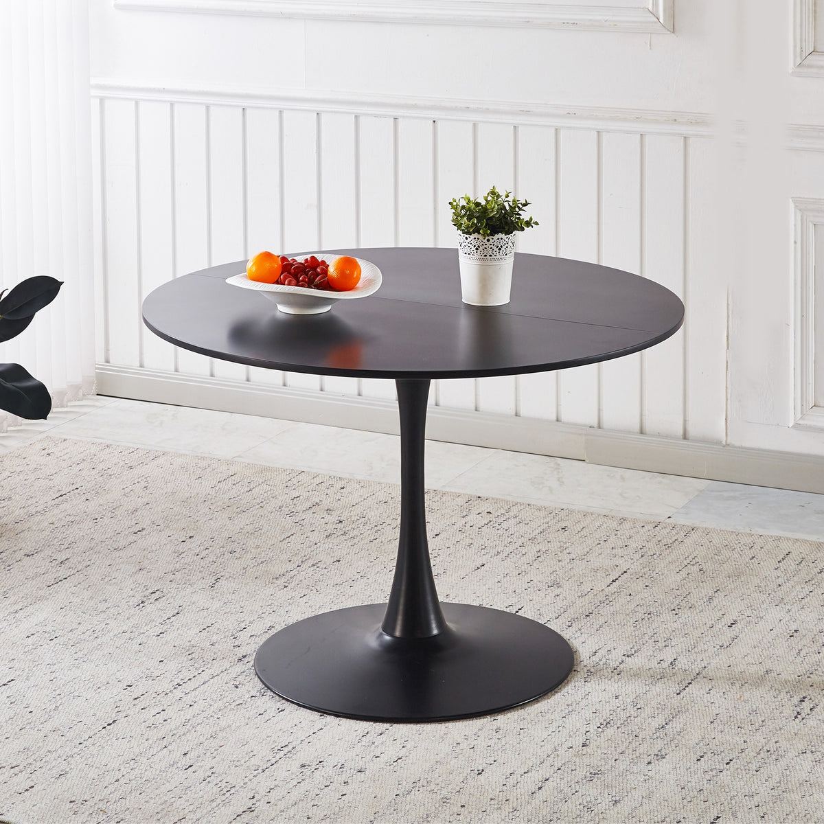 42.1" Black Color Top Tulip Table, Mid-century Dining Table for 4-6 People - Round MDF Table Top (the tabletop consists of two panels), Pedestal Dining Table, End Table & Leisure Coffee Table