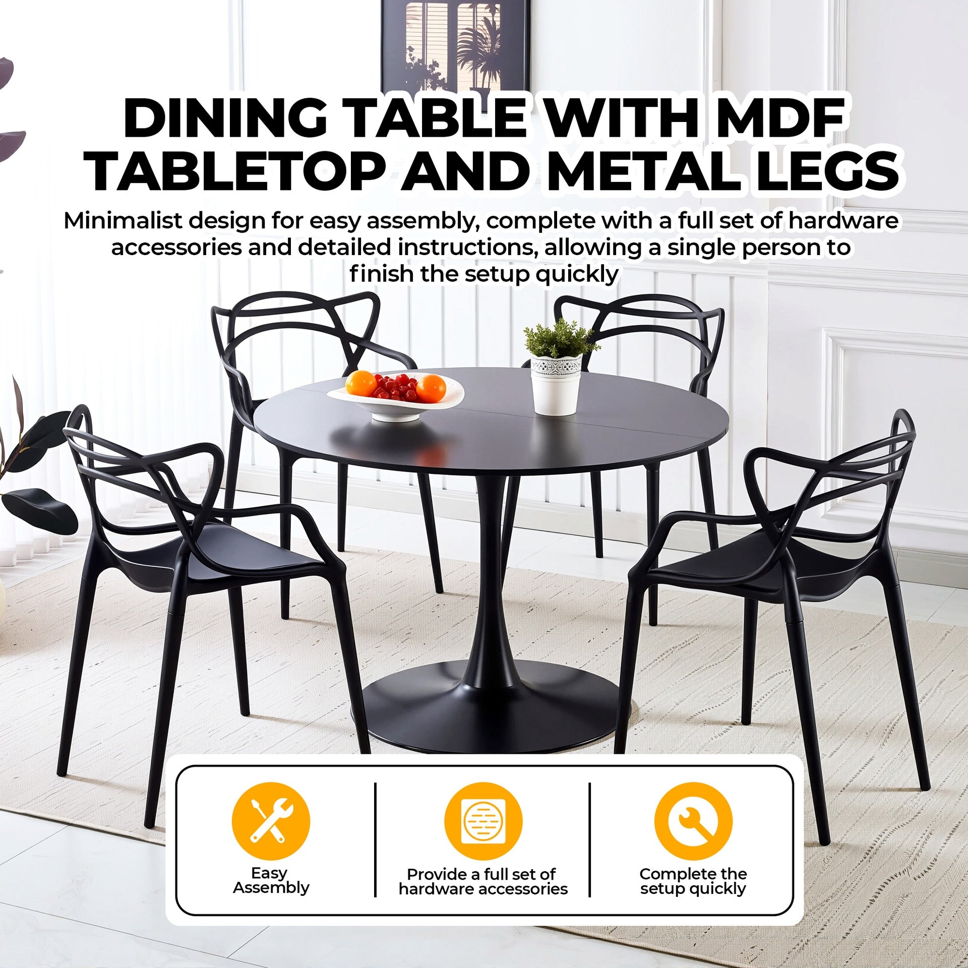 42.1" Black Color Top Tulip Table, Mid-century Dining Table for 4-6 People - Round MDF Table Top (the tabletop consists of two panels), Pedestal Dining Table, End Table & Leisure Coffee Table