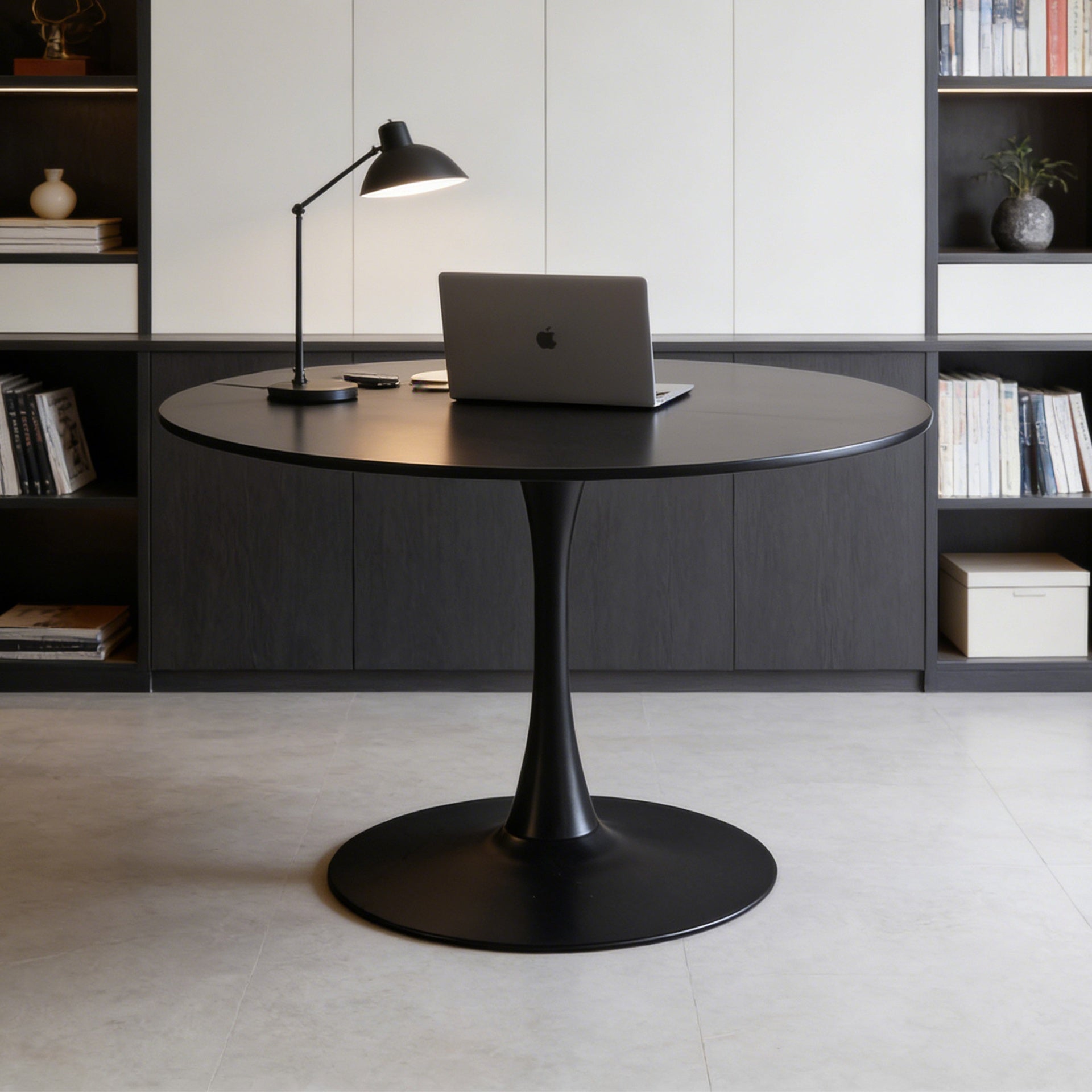 42.1" Black Color Top Tulip Table, Mid-century Dining Table for 4-6 People - Round MDF Table Top (the tabletop consists of two panels), Pedestal Dining Table, End Table & Leisure Coffee Table