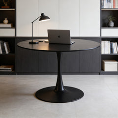 42.1" Black Color Top Tulip Table, Mid-century Dining Table for 4-6 People - Round MDF Table Top (the tabletop consists of two panels), Pedestal Dining Table, End Table & Leisure Coffee Table