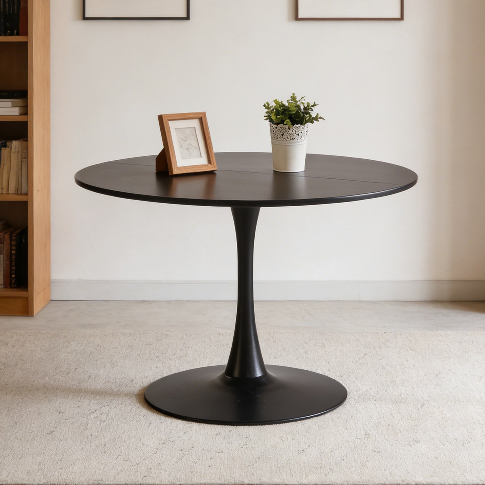 42.1" Black Color Top Tulip Table, Mid-century Dining Table for 4-6 People - Round MDF Table Top (the tabletop consists of two panels), Pedestal Dining Table, End Table & Leisure Coffee Table