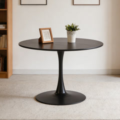 42.1" Black Color Top Tulip Table, Mid-century Dining Table for 4-6 People - Round MDF Table Top (the tabletop consists of two panels), Pedestal Dining Table, End Table & Leisure Coffee Table
