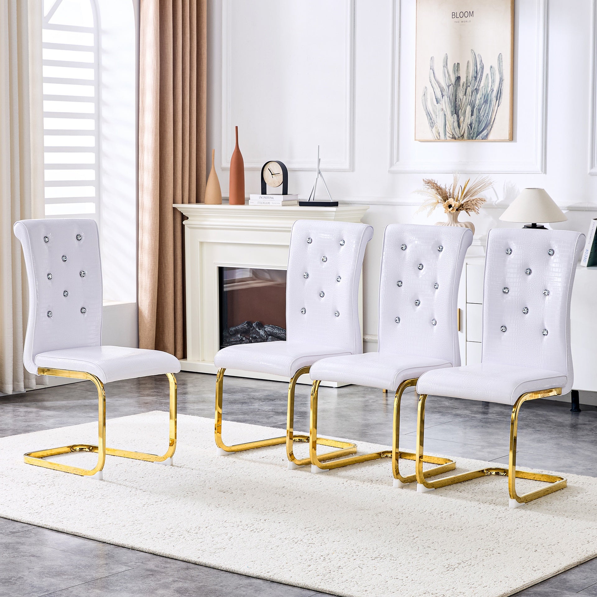 Set of 2,Retro alligator skin Upholstered dining chairs,with Crystal buckle design and Faux Leather design,a touch of elegance and mystery to the dining area,Gilded metal bow leg