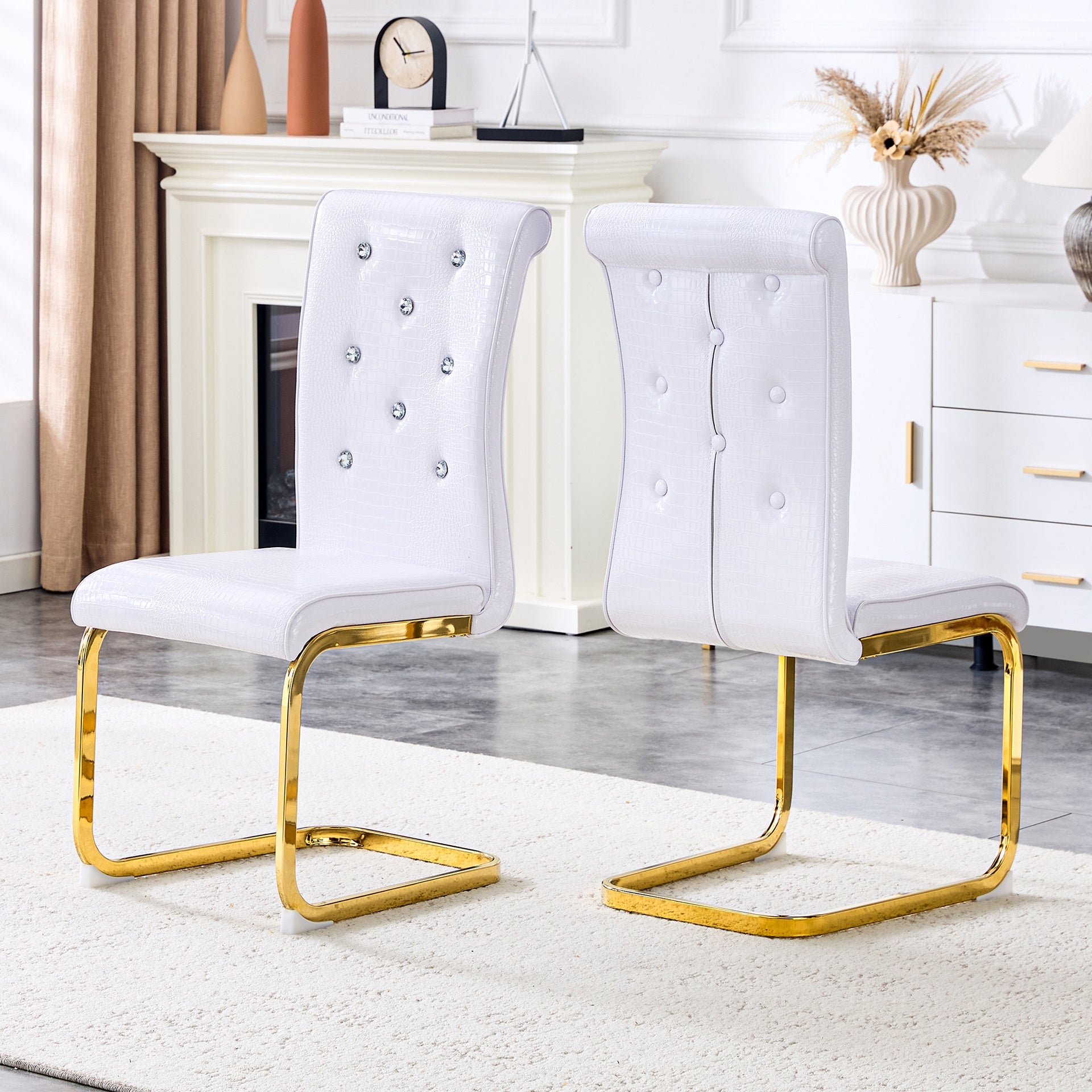 Set of 2,Retro alligator skin Upholstered dining chairs,with Crystal buckle design and Faux Leather design,a touch of elegance and mystery to the dining area,Gilded metal bow leg