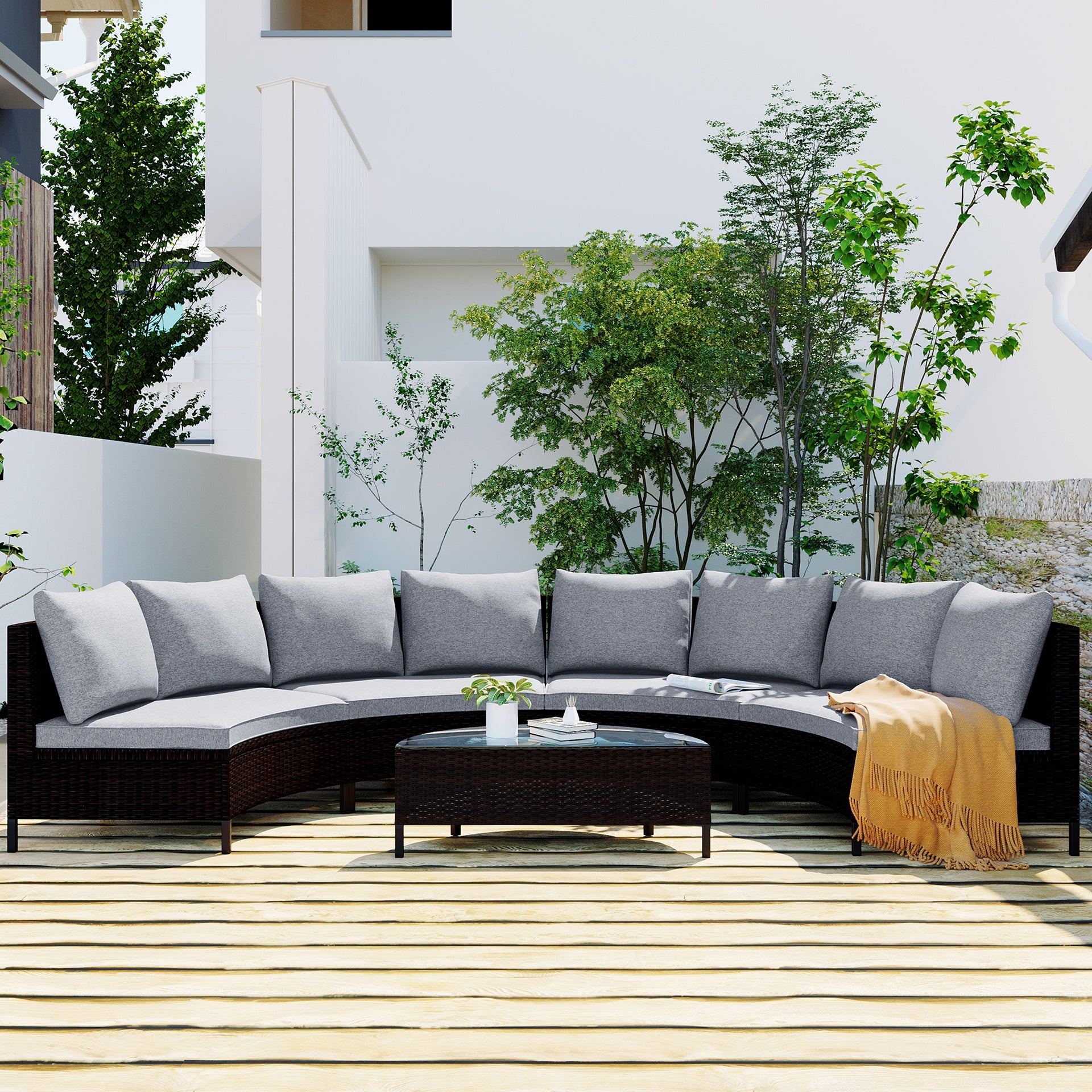 TOPMAX 5 Pieces All-Weather Brown PE Rattan Wicker Sofa Set Outdoor Patio Sectional Furniture Set Half-Moon Sofa Set with Tempered Glass Table, Grey