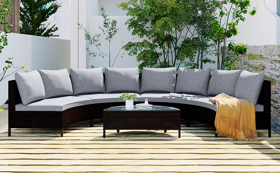 TOPMAX 5 Pieces All-Weather Brown PE Rattan Wicker Sofa Set Outdoor Patio Sectional Furniture Set Half-Moon Sofa Set with Tempered Glass Table, Grey