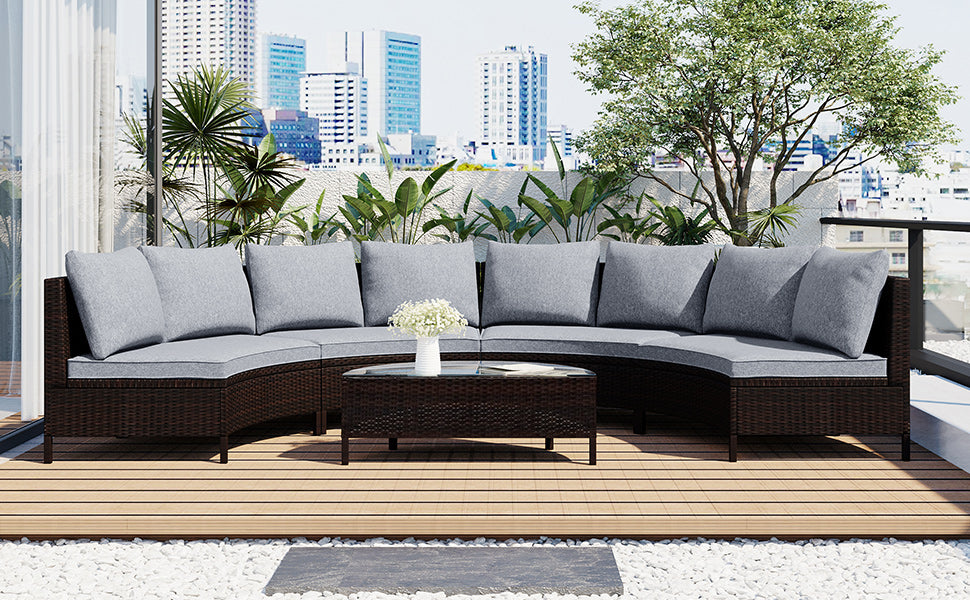 TOPMAX 5 Pieces All-Weather Brown PE Rattan Wicker Sofa Set Outdoor Patio Sectional Furniture Set Half-Moon Sofa Set with Tempered Glass Table, Grey