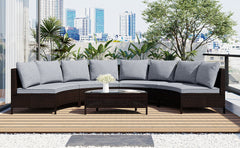 TOPMAX 5 Pieces All-Weather Brown PE Rattan Wicker Sofa Set Outdoor Patio Sectional Furniture Set Half-Moon Sofa Set with Tempered Glass Table, Grey