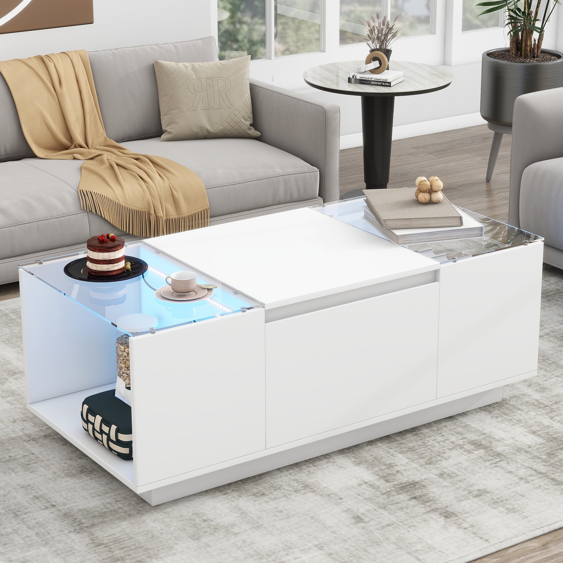 U-Can Led Coffee Table, Modern Center Table with High-Gloss Finish and Glass Tabletop, Coffee Table with Open Storage Compartment and 2 Hidden Drawers  for Living Room