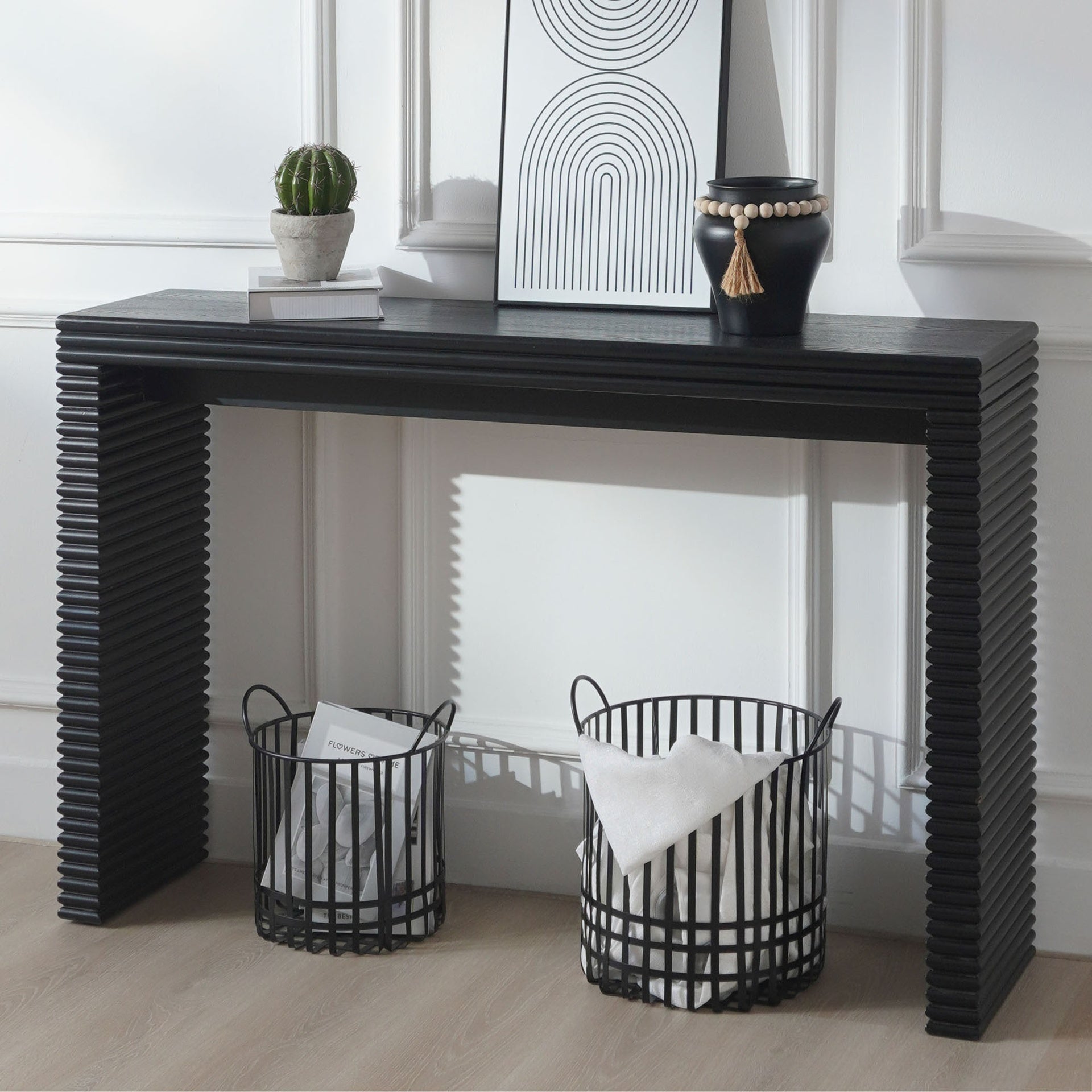 Modern Black Console Table with Ribbed Design,Wood Console Table, 47" W entryway table,Black Entry Table Narrow Console Table, Modern Hallway Table, Modern Sofa Table, Living Room Table