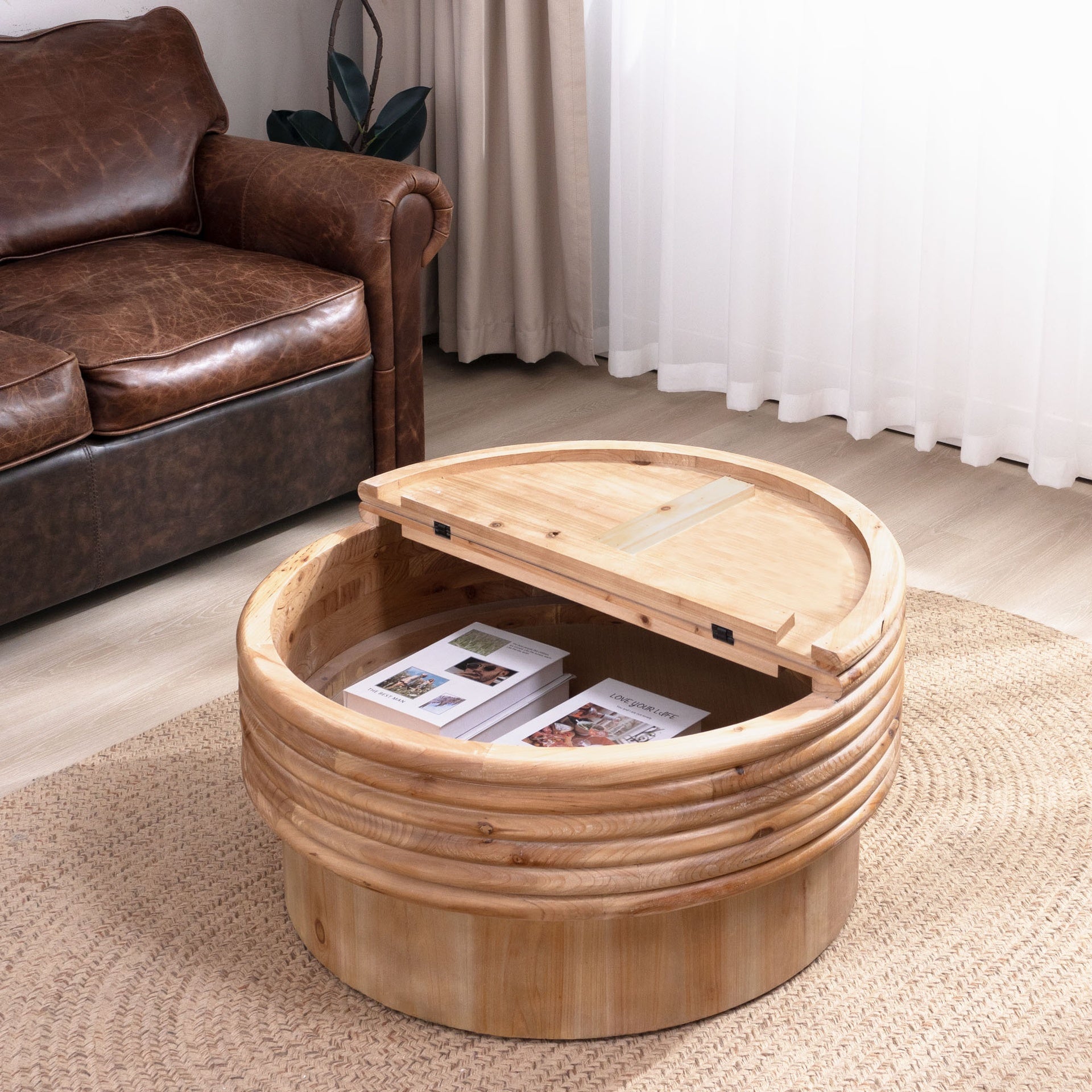 Round Wooden Coffee Table with Hidden Storage - 30.3" Modern Rustic Centerpiece for Living Room , Natural Finish,Lift-Top Lid