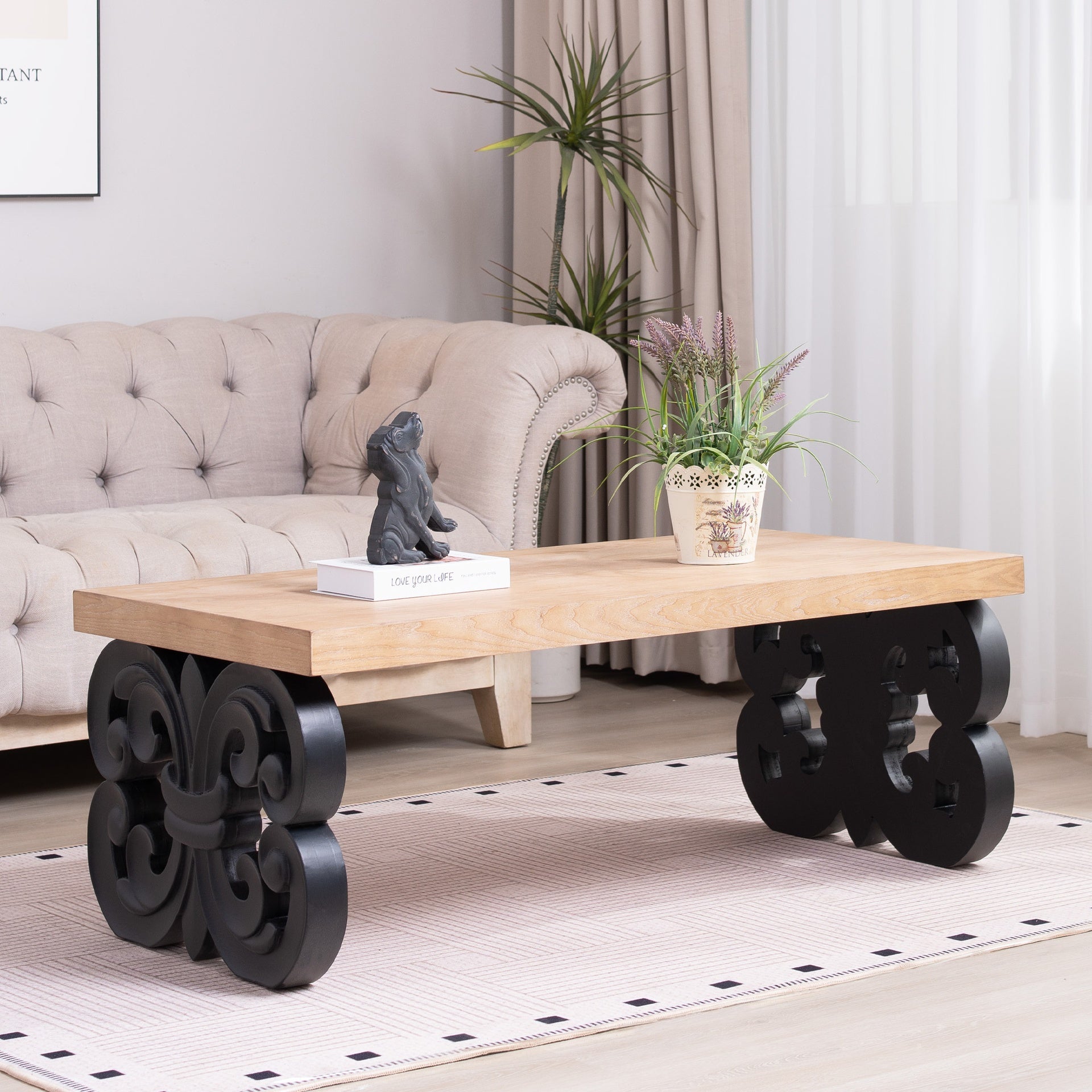 Black Scroll Base Coffee Table – 47" Rectangular Wood Living Room Table with Natural Top – Modern Farmhouse Accent Table – Elegant Centerpiece with Ornate Carved Design