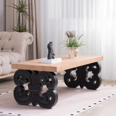 Black Scroll Base Coffee Table – 47" Rectangular Wood Living Room Table with Natural Top – Modern Farmhouse Accent Table – Elegant Centerpiece with Ornate Carved Design