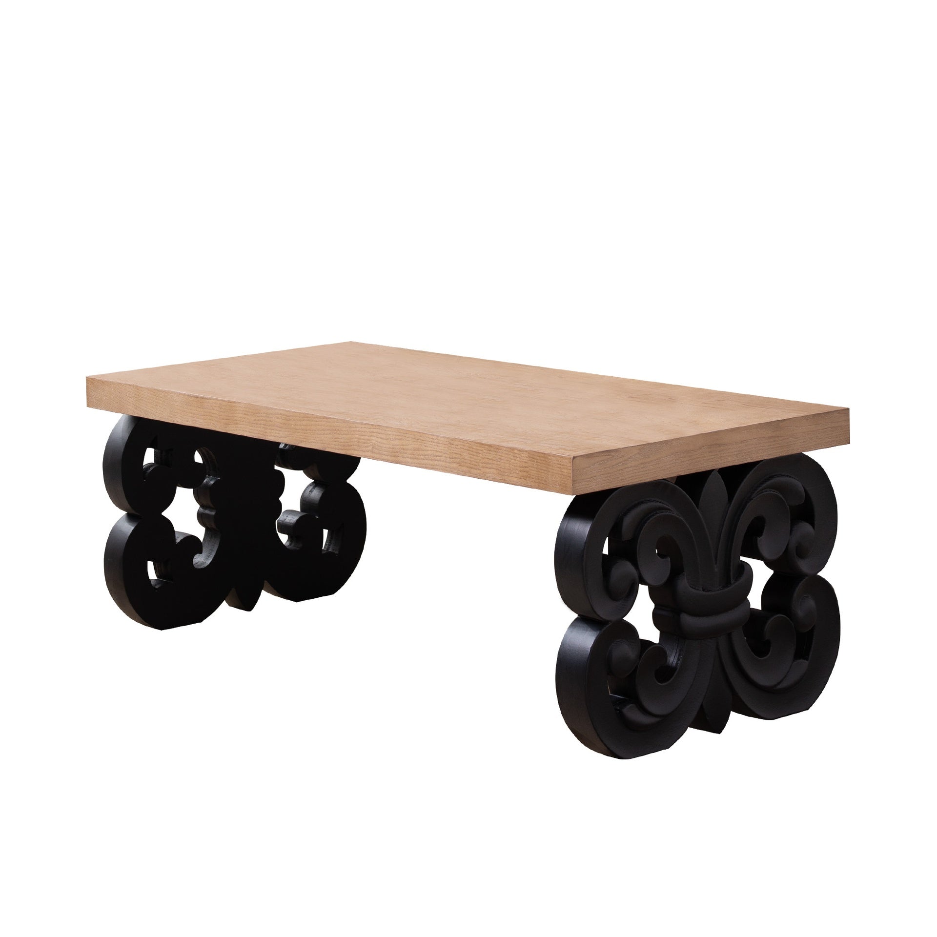 Black Scroll Base Coffee Table – 47" Rectangular Wood Living Room Table with Natural Top – Modern Farmhouse Accent Table – Elegant Centerpiece with Ornate Carved Design