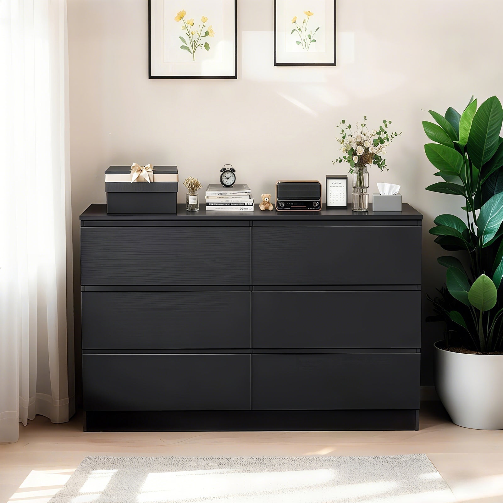 6 Drawer Black Dresser, Modern Bedroom Dresser with Spacious Countertop, Wood Storage Cabinet with Concealed Handles & 6 Deep Drawers for Bedroom, Living Room, Entryway, 15.7 inch D x 47.2 inch W x 30.9 inch H