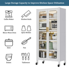 65" Kitchen Pantry Storage Cabinet, 6 Tier Metal Display Storage Cabinet with Transparent Door, Adjustable Shelves & Wheels, Food Pantries Cabinets, for Kitchen, Living Room and Dining Room, White