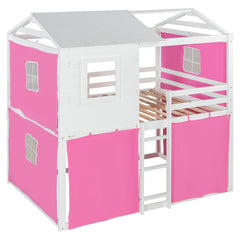 Full Size Bunk Wood House Bed with Tent, Pink+White