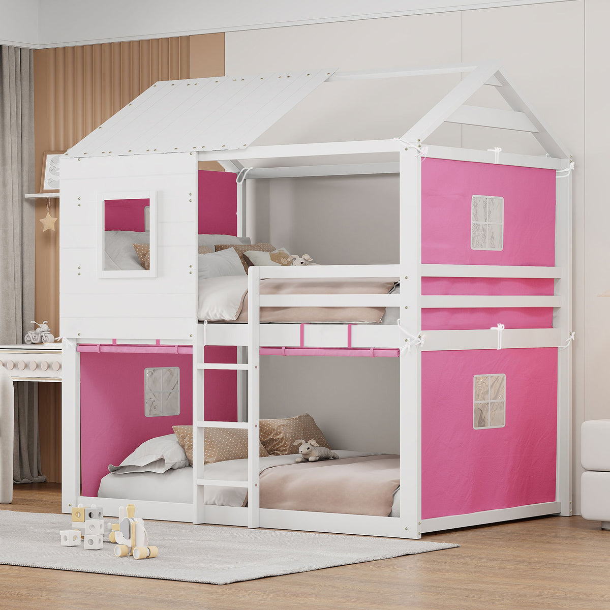 Full Size Bunk Wood House Bed with Tent, Pink+White