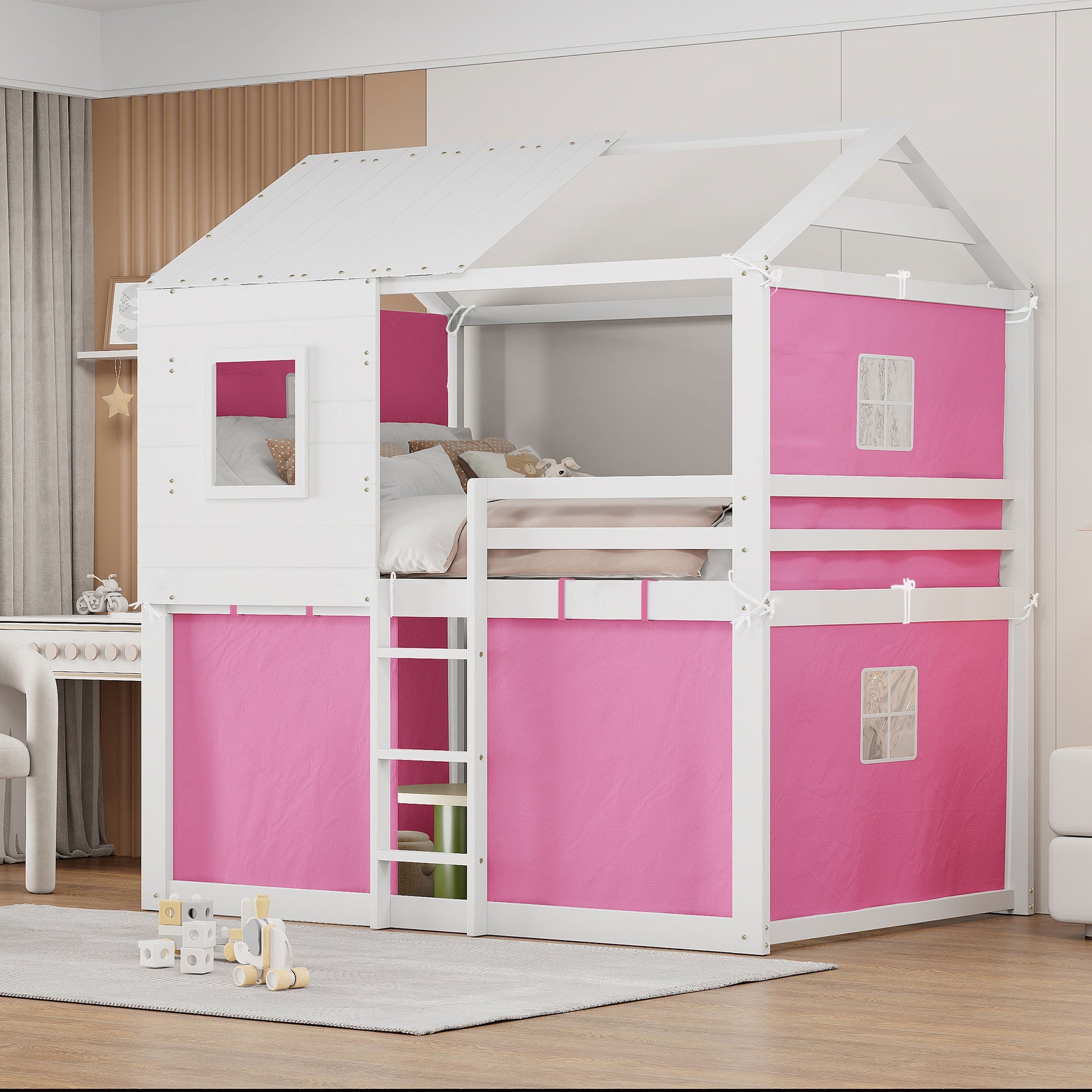 Full Size Bunk Wood House Bed with Tent, Pink+White