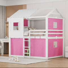 Full Size Bunk Wood House Bed with Tent, Pink+White
