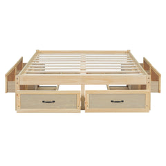 Full Size Platform Bed with 6 Storage Drawers, Antique Natural