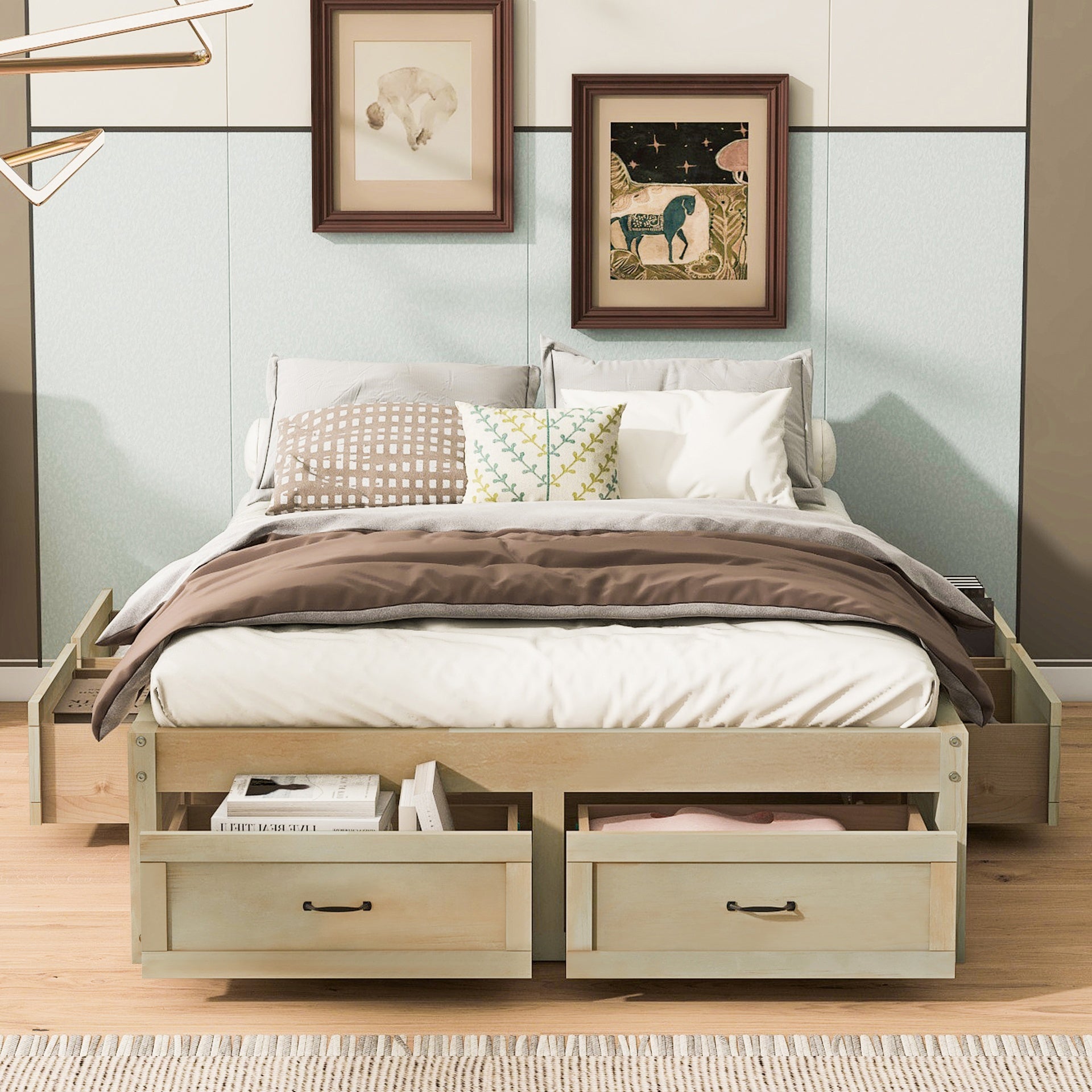 Full Size Platform Bed with 6 Storage Drawers, Antique Natural