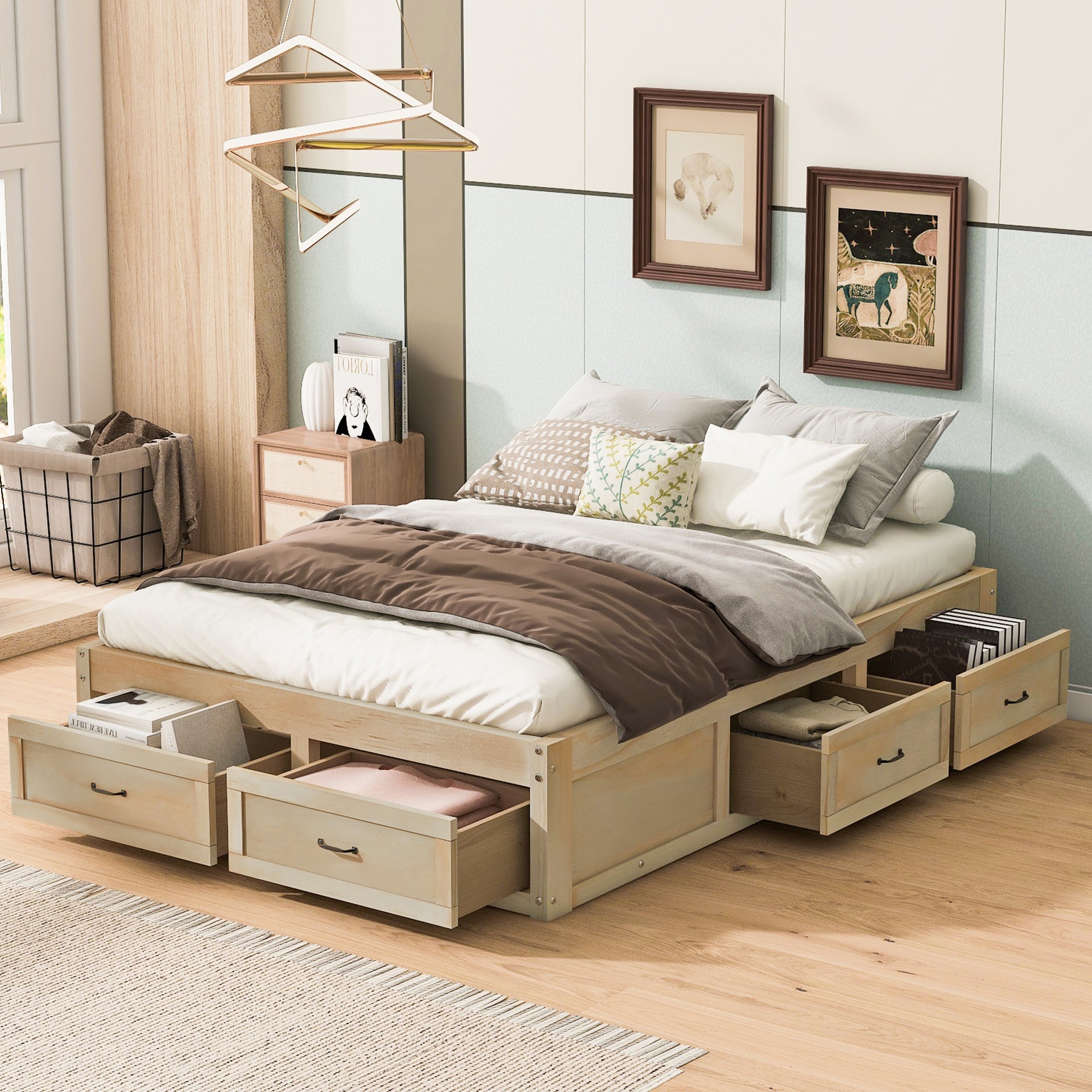 Full Size Platform Bed with 6 Storage Drawers, Antique Natural