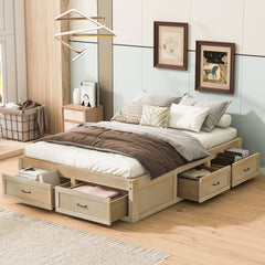 Full Size Platform Bed with 6 Storage Drawers, Antique Natural
