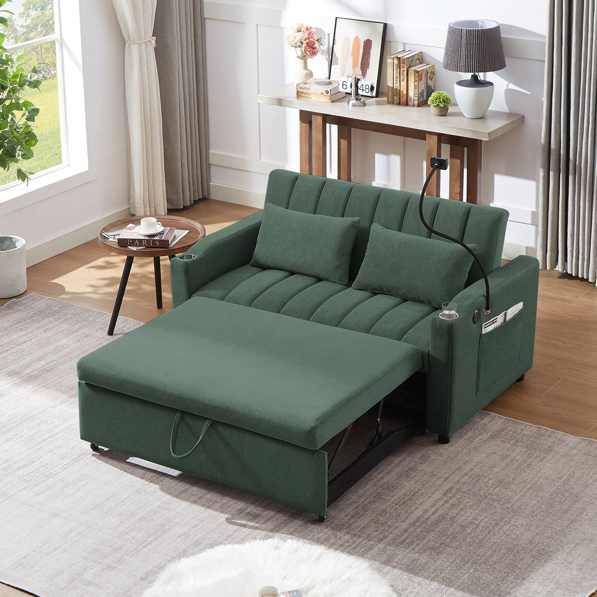 55.9" Convertible Sofa Bed Loveseat Sofa with Three USB Ports, Two Side Pockets, Two Cup Holders and 360°Swivel Phone Holder for Living Room, Green