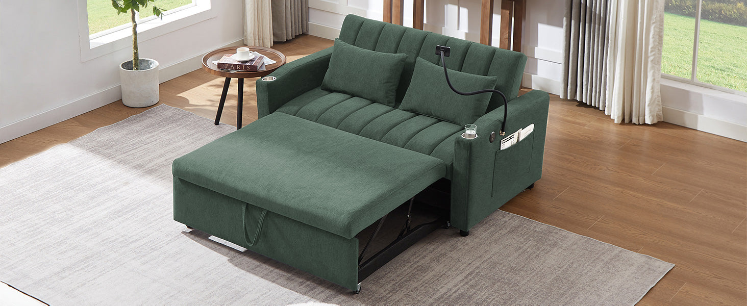 55.9" Convertible Sofa Bed Loveseat Sofa with Three USB Ports, Two Side Pockets, Two Cup Holders and 360°Swivel Phone Holder for Living Room, Green