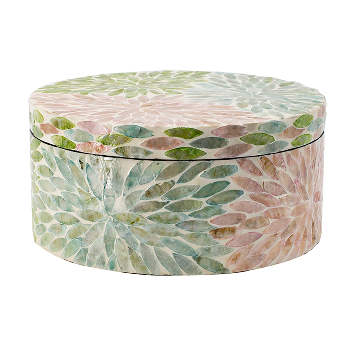 D10x5" Round Capiz Box Storage Box, Pink/Green/Blue