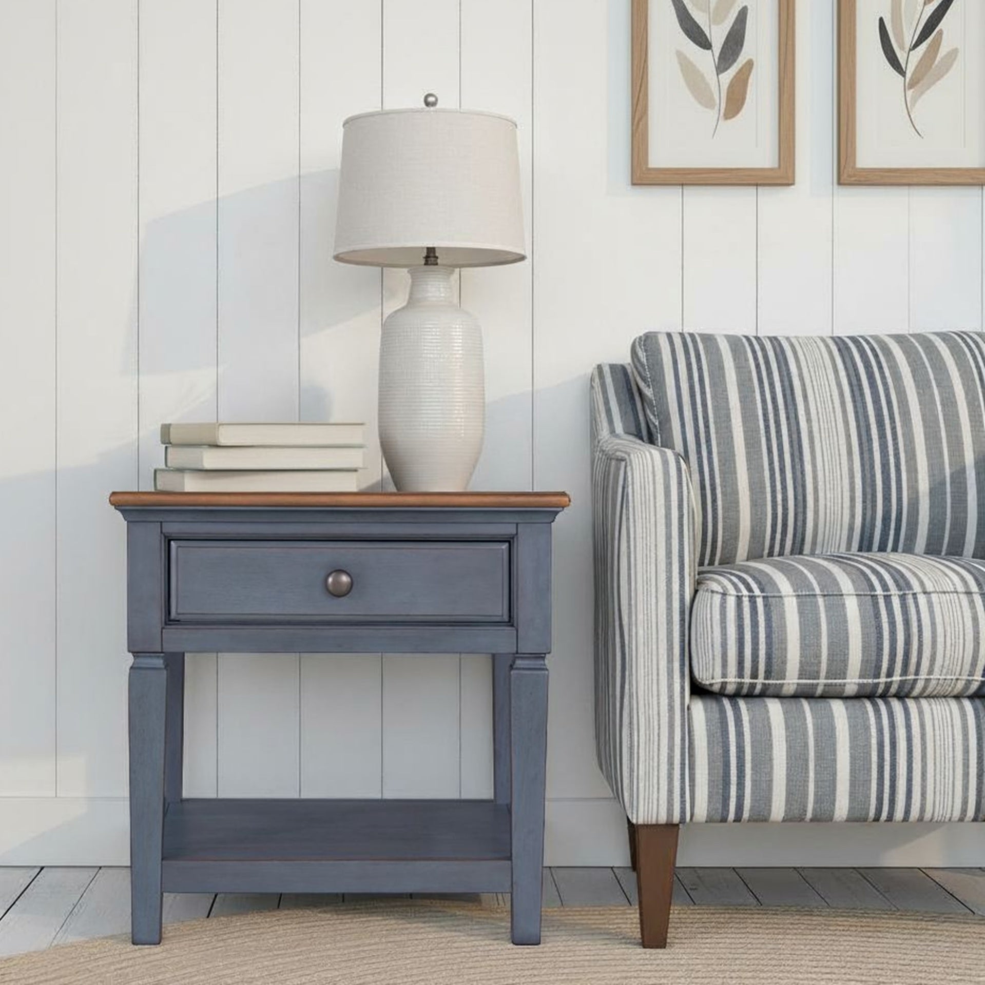 24 inch End Table, Corduroy Blue Finish, Minimal Assembly Required