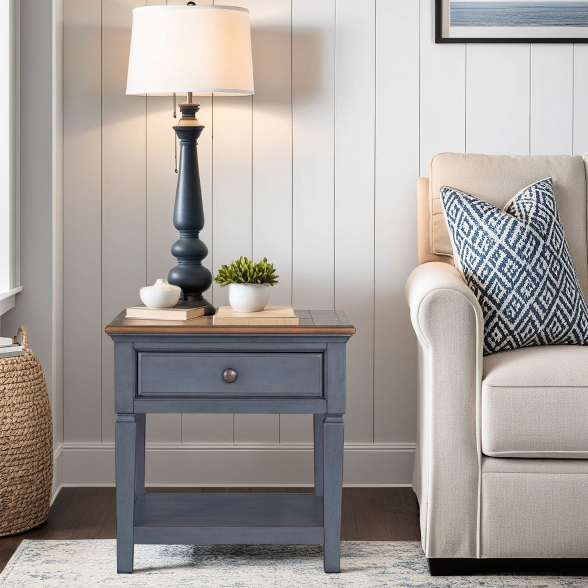 24 inch End Table, Corduroy Blue Finish, Minimal Assembly Required