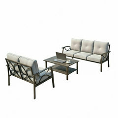 3-Piece Metal Patio Furniture Set, 5-Seat All-Weather Conversation Sofa with 4 Inches Thick Gray Cushions, Khaki Frame, Coffee Table for Porch Backyard Garden